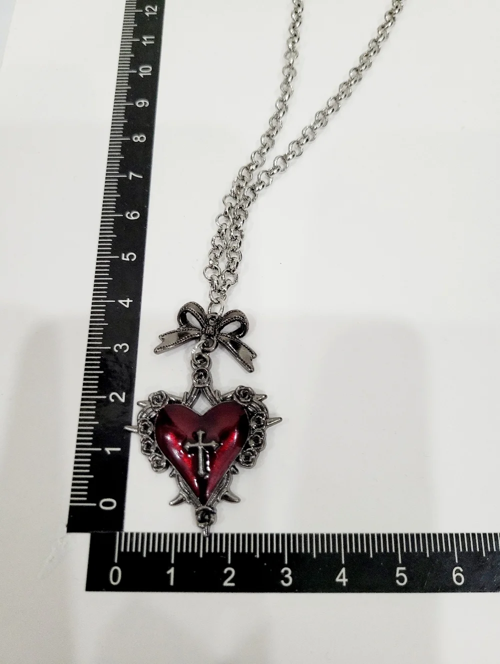 Brand New Silver Tone Gothic Red Heart Cross Necklace - Picture 8 of 9